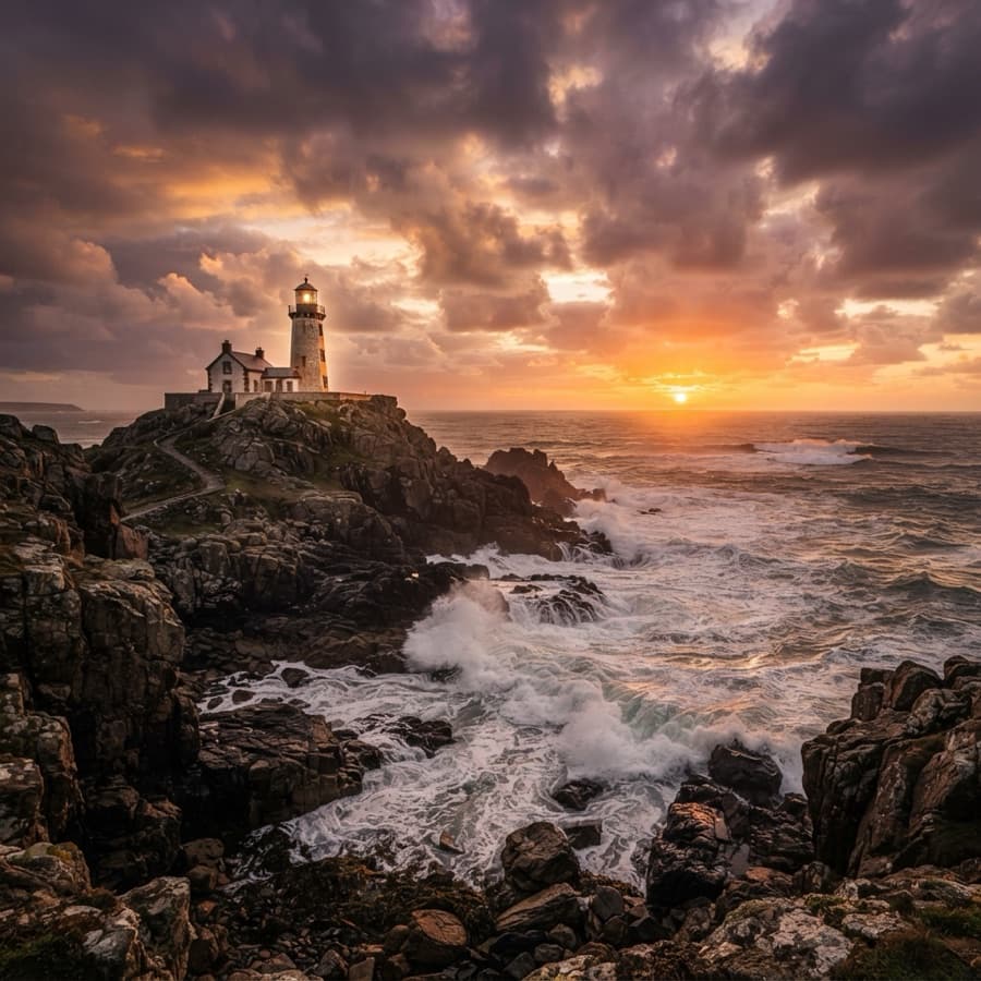 Nano Banana sample — lighthouse on a rocky coast at golden hour